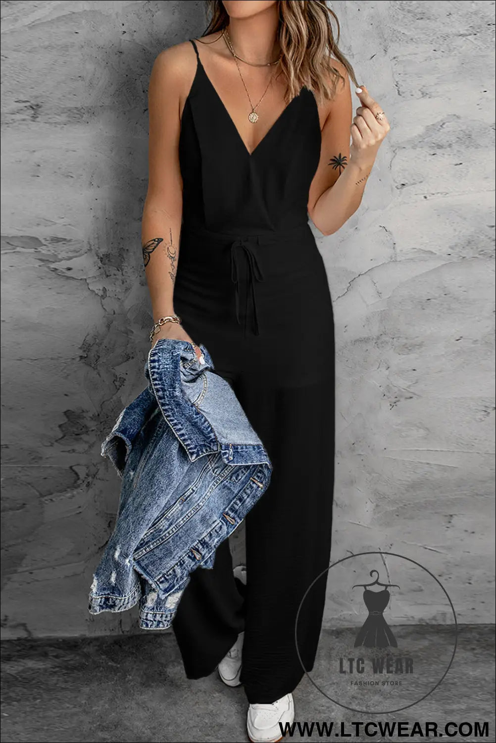Black solid spaghetti strap wide leg drawstring high waist jumpsuit - black / 2xl / 100% polyester - jumpsuits & rompers