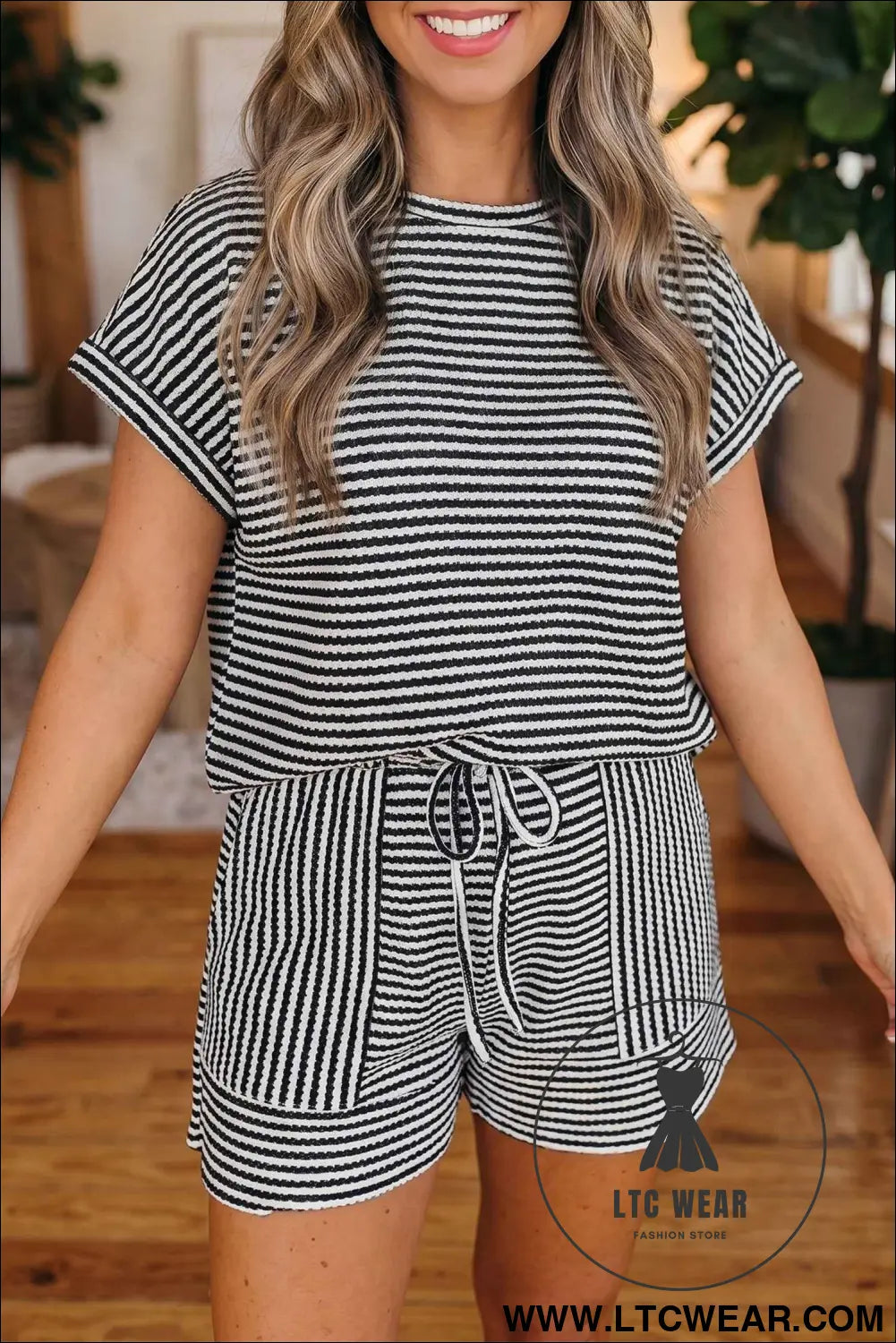 Black Stripe Breathable Textured Knit Short 2pcs Set