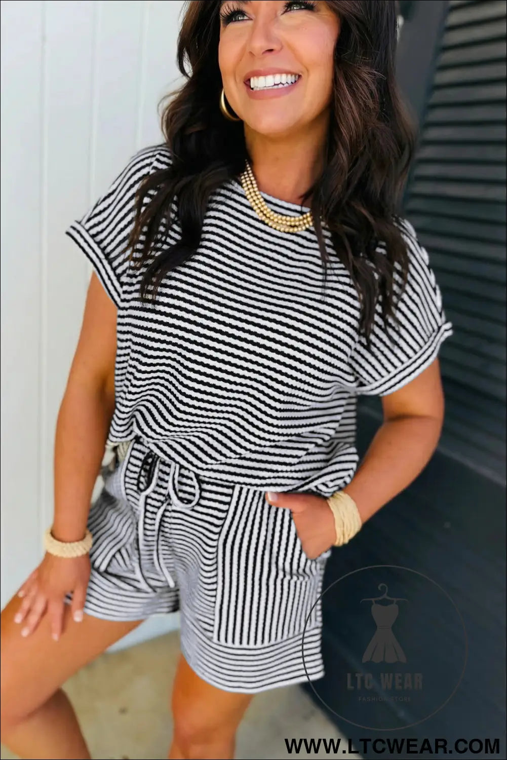 Black Stripe Breathable Textured Knit Short 2pcs Set - L.T.C Wear Online Fashion Store