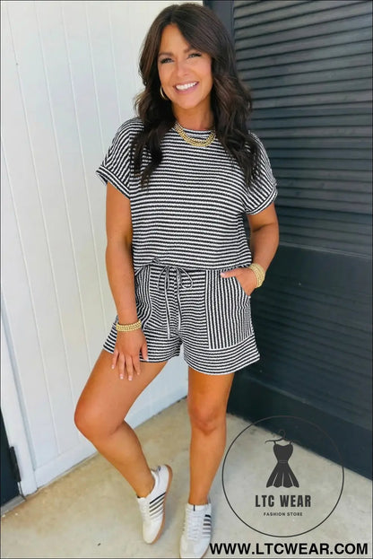 Black Stripe Breathable Textured Knit Short 2pcs Set - L.T.C Wear Online Fashion Store