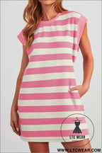 Pink and White Striped Cap Sleeve T Shirt Dress