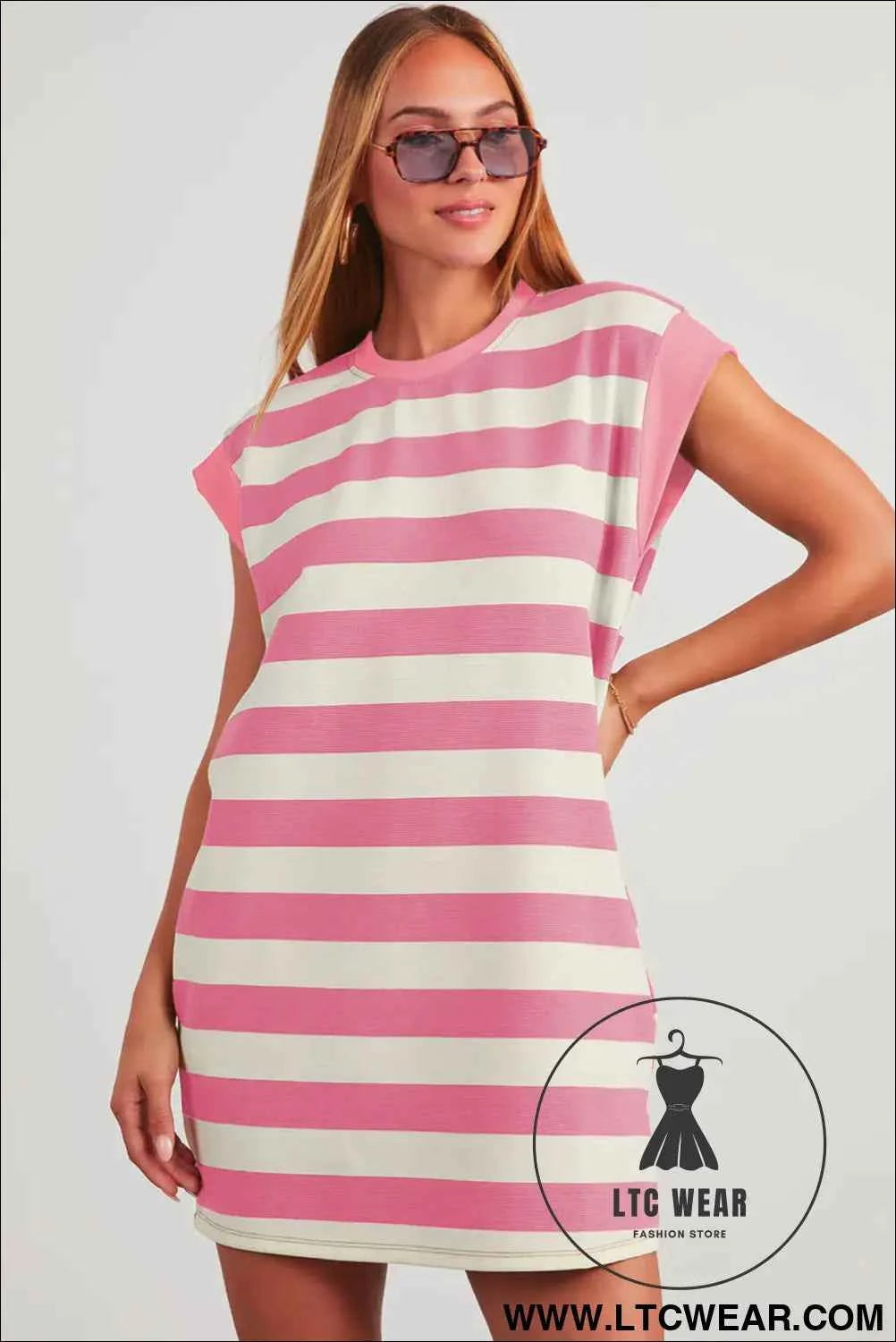 Pink and White Striped Cap Sleeve T Shirt Dress