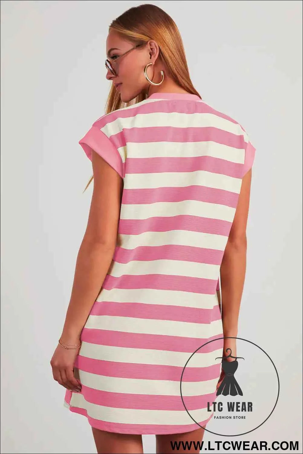 Pink and White Striped Cap Sleeve T Shirt Dress