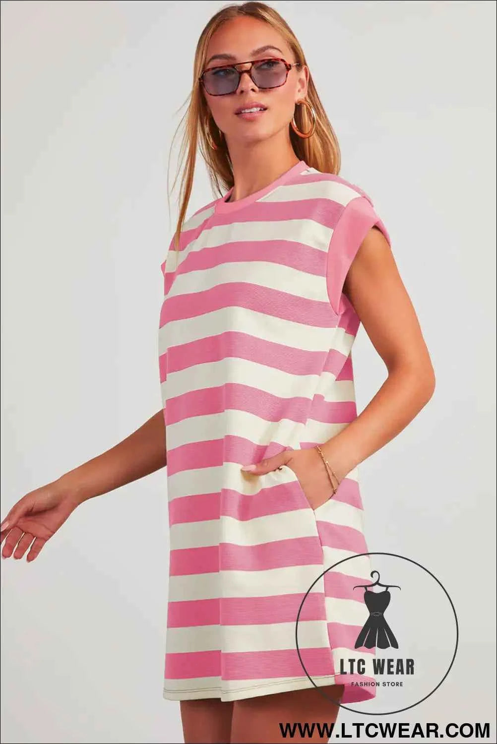 Pink and White Striped Cap Sleeve T Shirt Dress