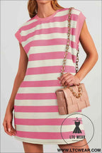 Pink and White Striped Cap Sleeve T Shirt Dress