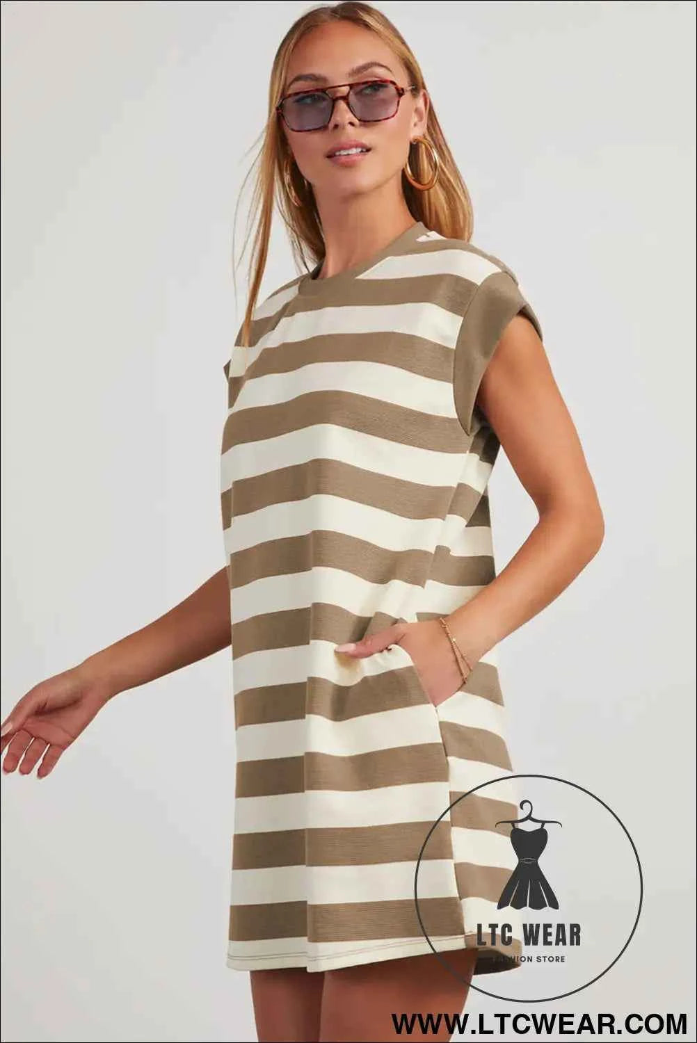 Pink and White Striped Cap Sleeve T Shirt Dress
