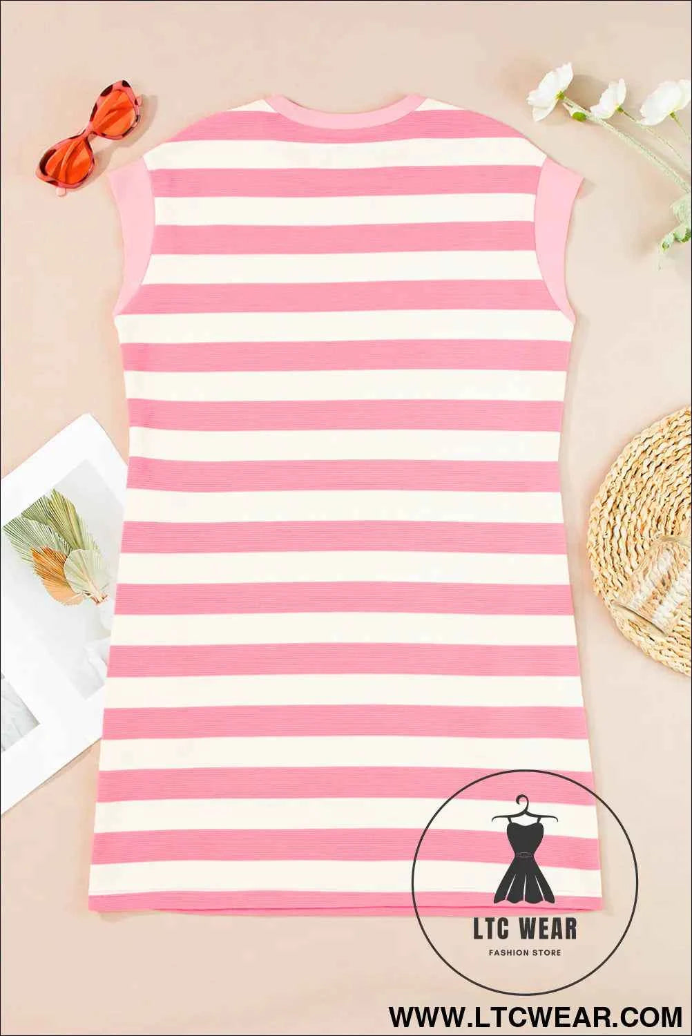 Pink and White Striped Cap Sleeve T Shirt Dress