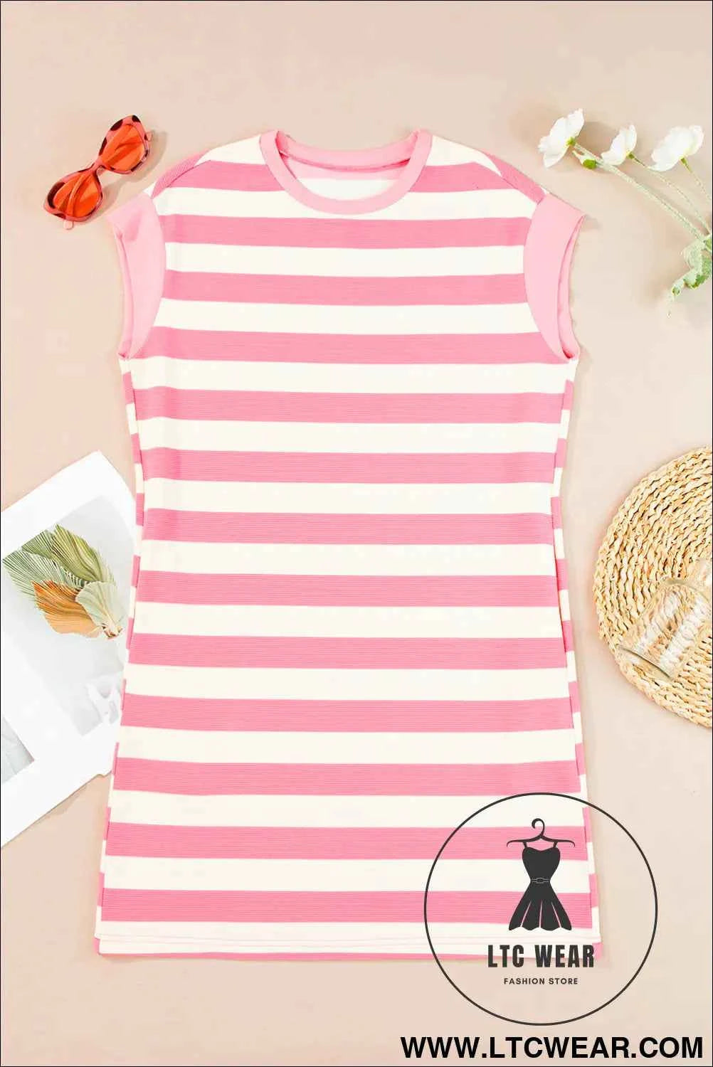 Pink and White Striped Cap Sleeve T Shirt Dress