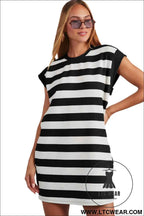 Pink and White Striped Cap Sleeve T Shirt Dress