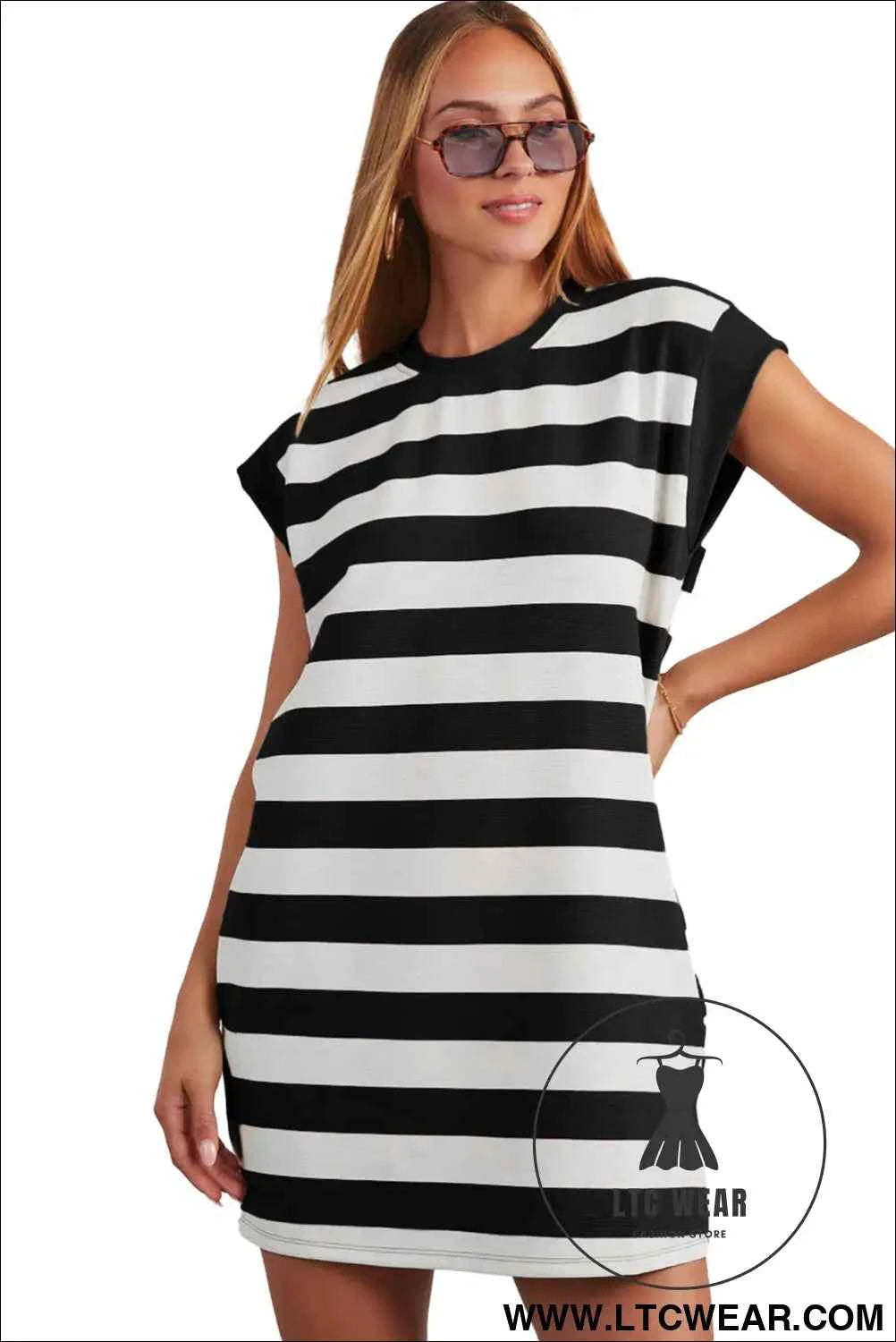Pink and White Striped Cap Sleeve T Shirt Dress