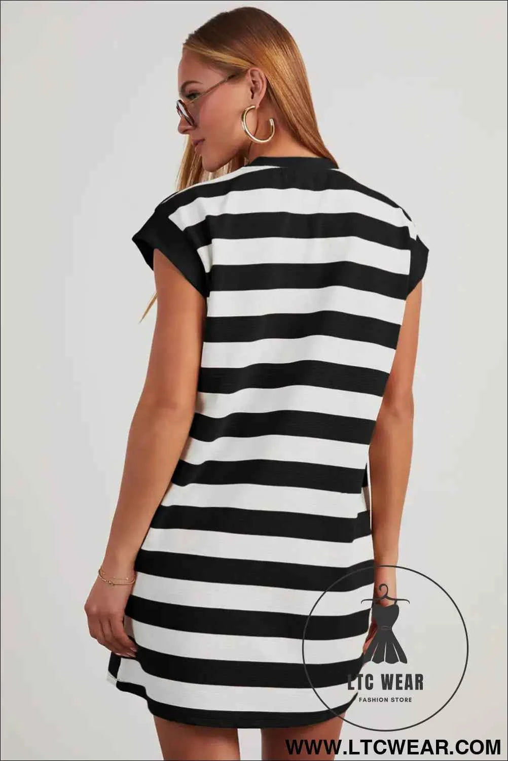 Pink and White Striped Cap Sleeve T Shirt Dress