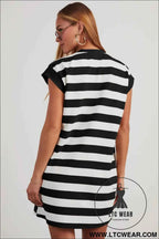 Pink and White Striped Cap Sleeve T Shirt Dress