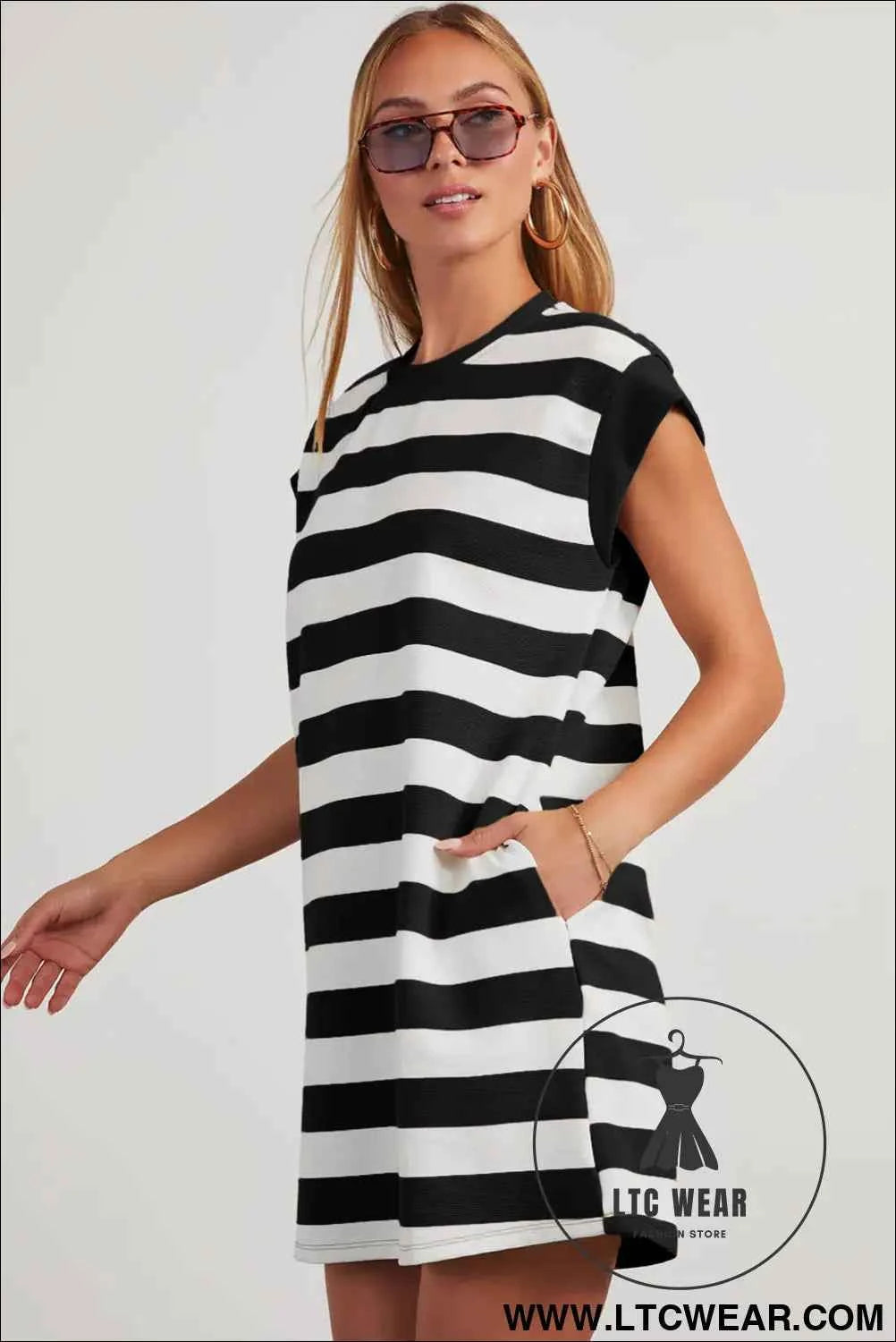 Pink and White Striped Cap Sleeve T Shirt Dress