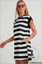 Pink and White Striped Cap Sleeve T Shirt Dress