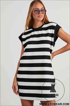 Pink and White Striped Cap Sleeve T Shirt Dress