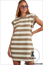 Pink and White Striped Cap Sleeve T Shirt Dress