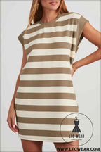 Pink and White Striped Cap Sleeve T Shirt Dress