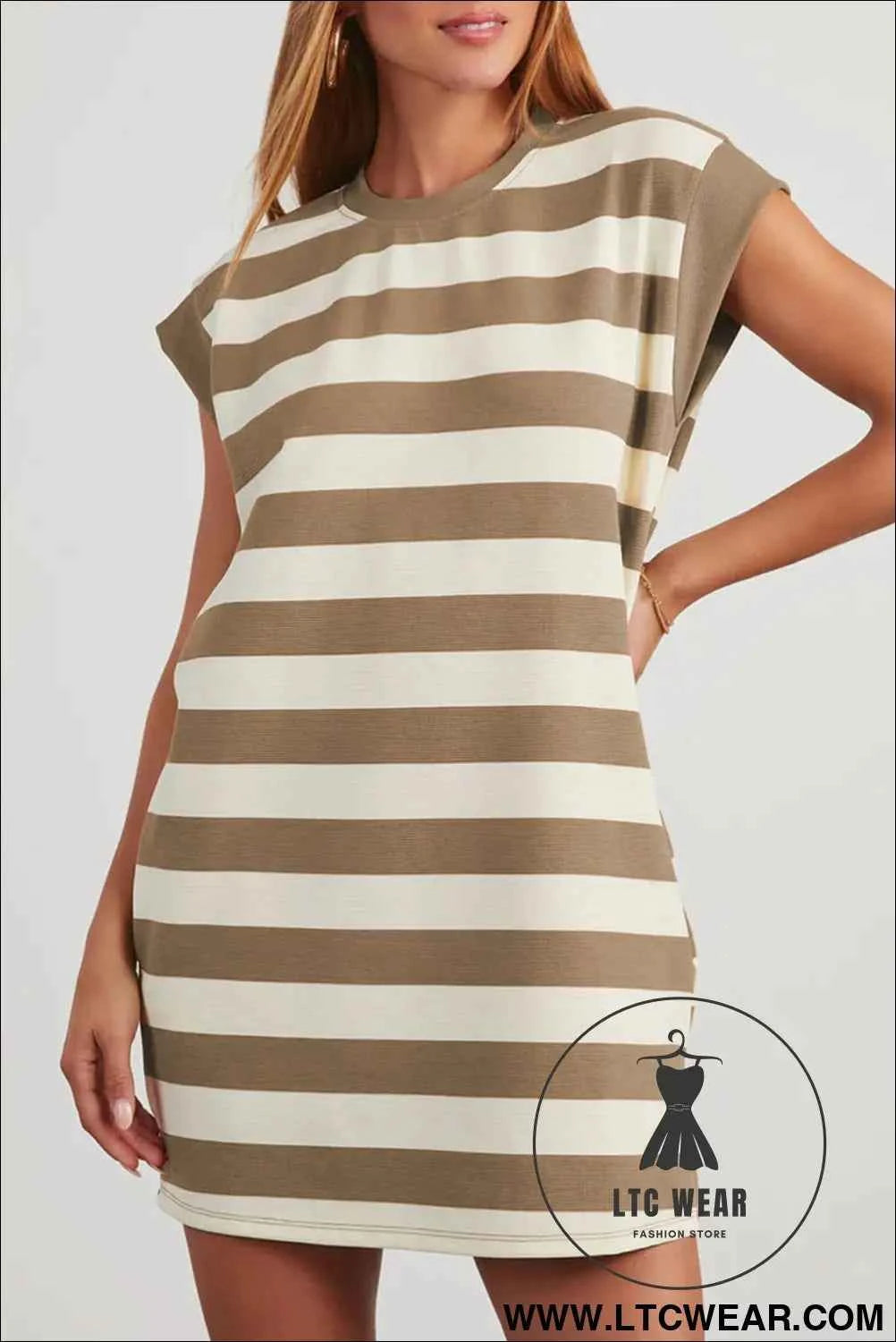Pink and White Striped Cap Sleeve T Shirt Dress