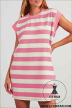 Pink and White Striped Cap Sleeve T Shirt Dress