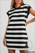 Pink and White Striped Cap Sleeve T Shirt Dress