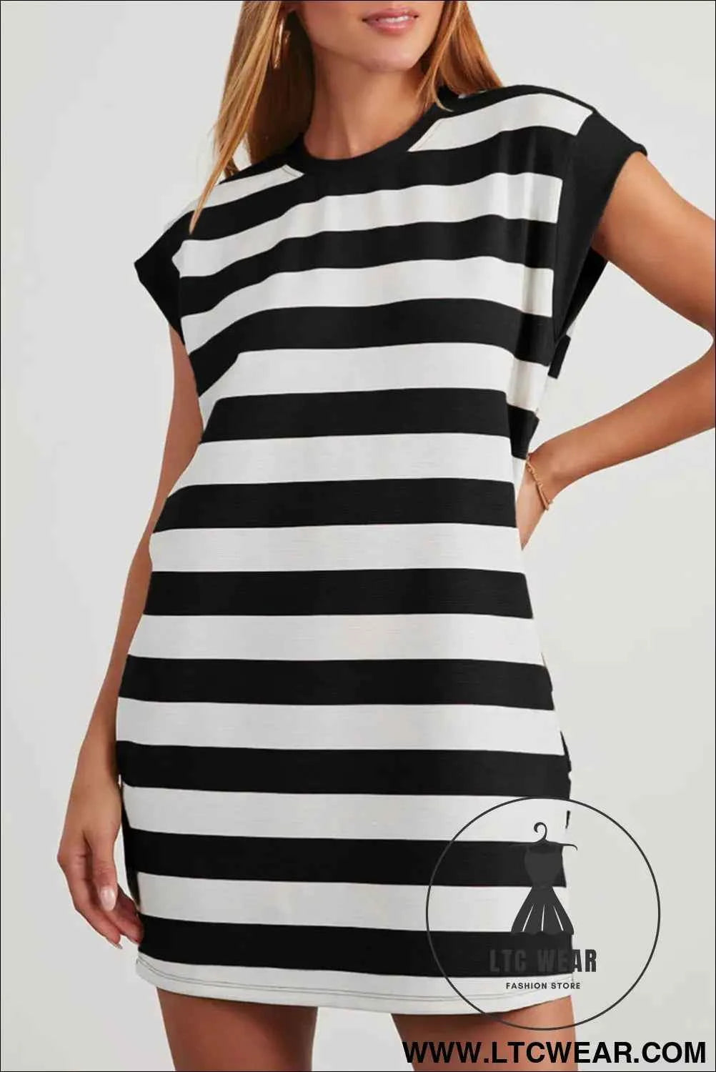 Pink and White Striped Cap Sleeve T Shirt Dress