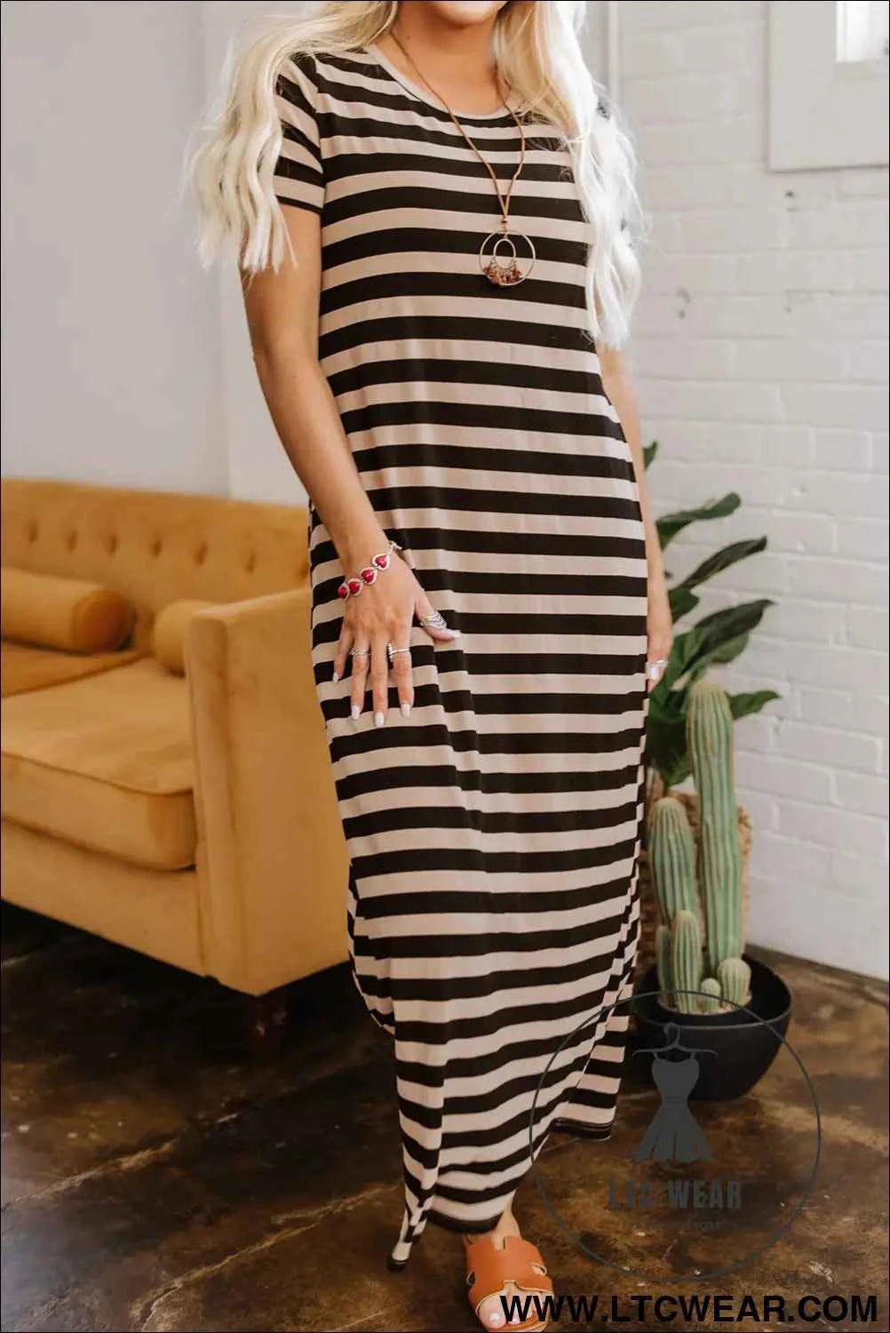 Black and Beige Stripe Maxi Dress with Pockets