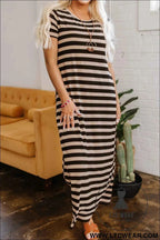Black and Beige Stripe Maxi Dress with Pockets