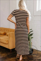 Black and Beige Stripe Maxi Dress with Pockets