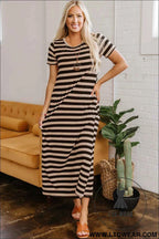 Black and Beige Stripe Maxi Dress with Pockets