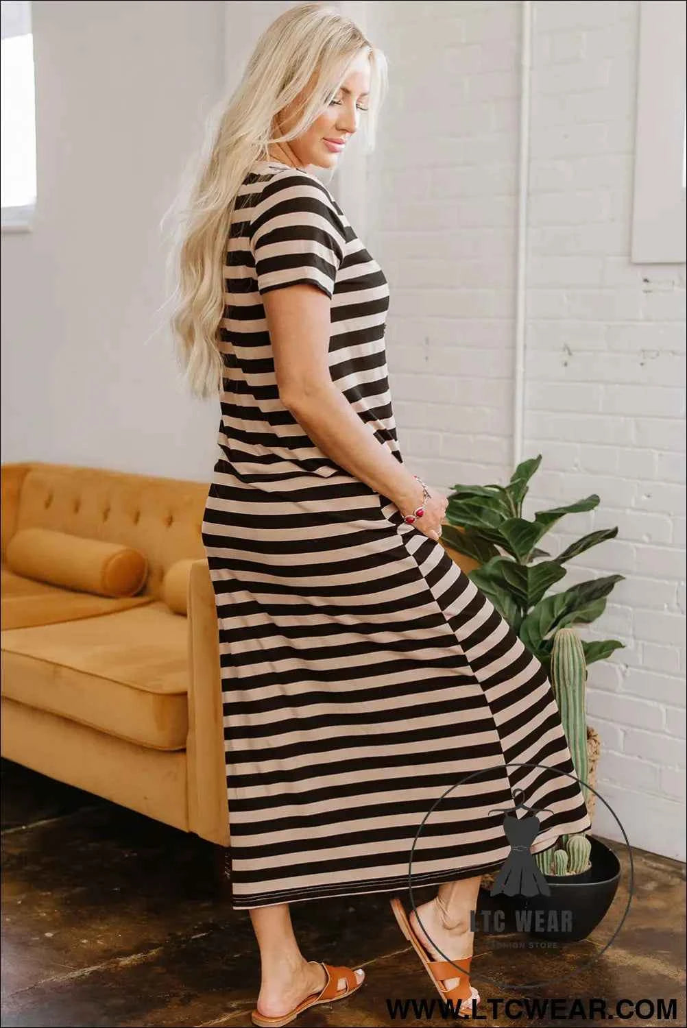 Black and Beige Stripe Maxi Dress with Pockets