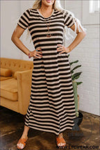 Black and Beige Stripe Maxi Dress with Pockets