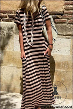 Black and Beige Stripe Maxi Dress with Pockets