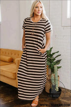 Black and Beige Stripe Maxi Dress with Pockets