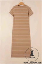Beige and White Striped Short Sleeve Side Slit T Shirt Dress