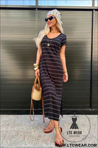 Beige and White Striped Short Sleeve Side Slit T Shirt Dress