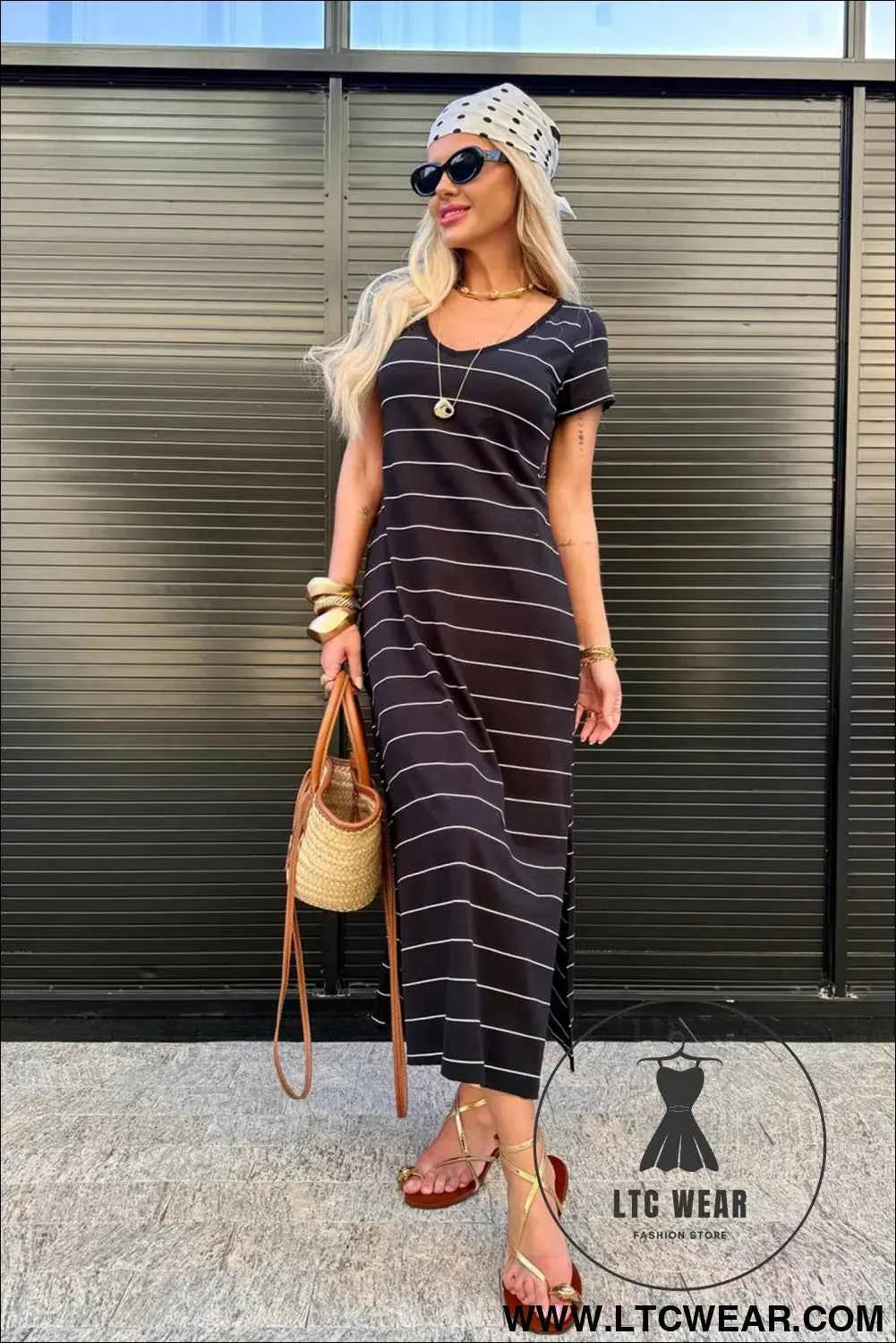 Beige and White Striped Short Sleeve Side Slit T Shirt Dress