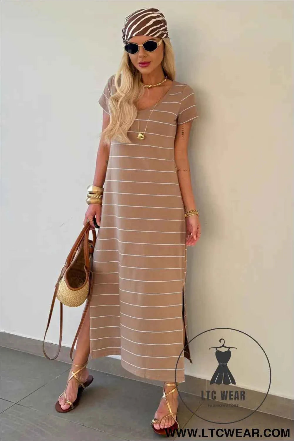 Beige and White Striped Short Sleeve Side Slit T Shirt Dress