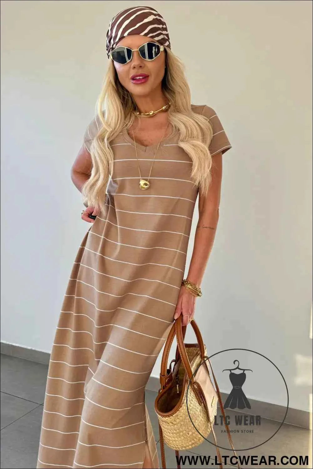 Beige and White Striped Short Sleeve Side Slit T Shirt Dress
