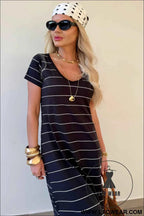 Beige and White Striped Short Sleeve Side Slit T Shirt Dress
