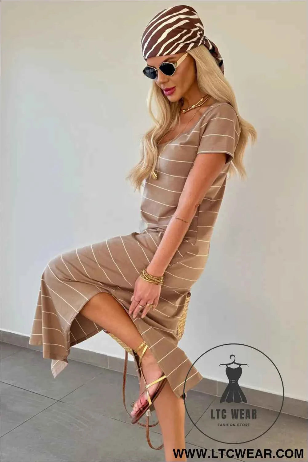 Beige and White Striped Short Sleeve Side Slit T Shirt Dress