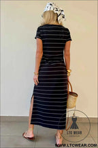 Beige and White Striped Short Sleeve Side Slit T Shirt Dress