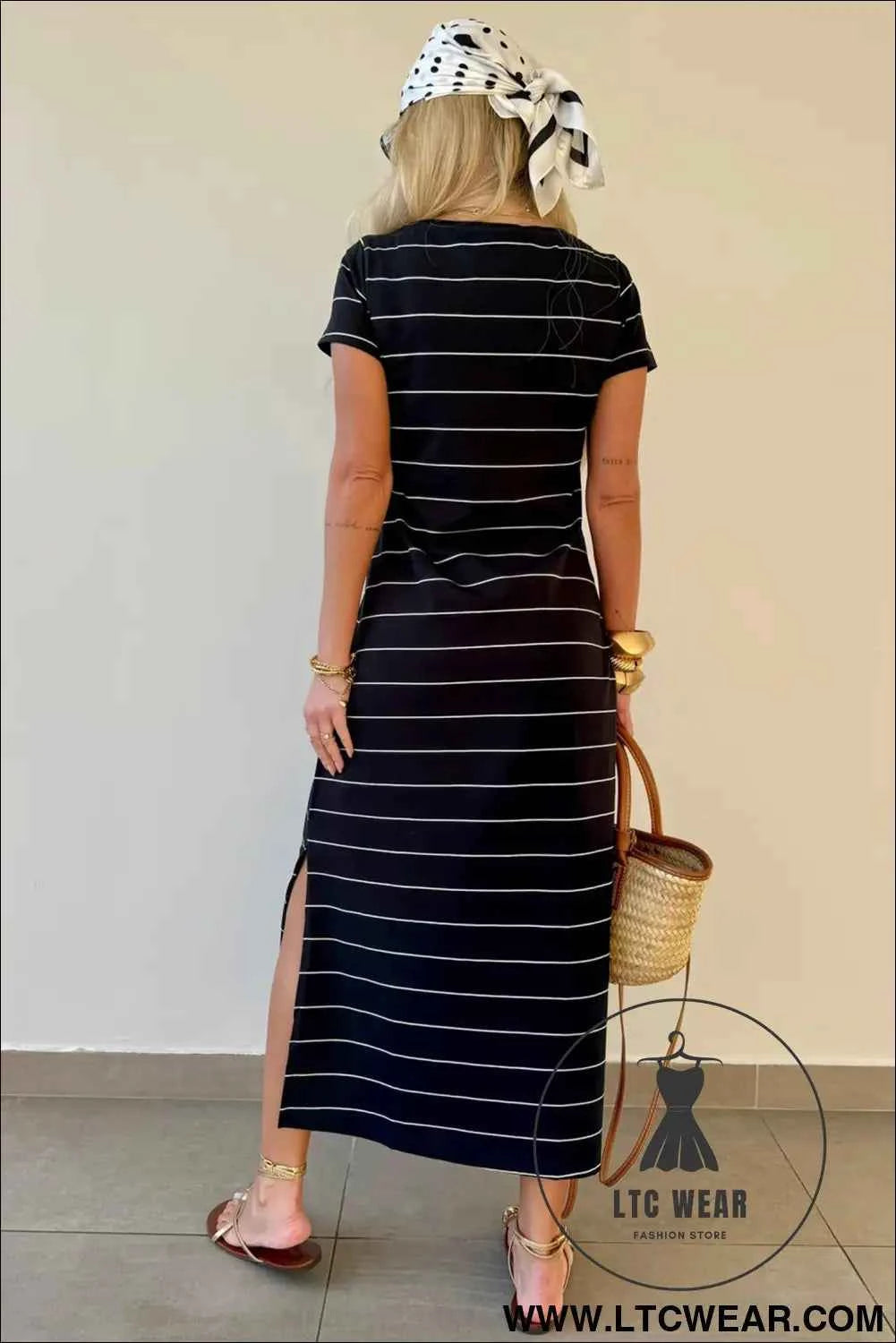 Beige and White Striped Short Sleeve Side Slit T Shirt Dress