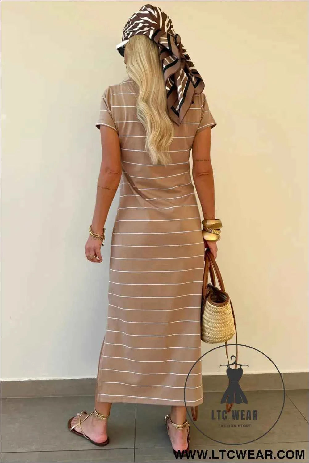 Beige and White Striped Short Sleeve Side Slit T Shirt Dress