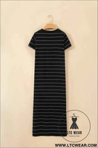Beige and White Striped Short Sleeve Side Slit T Shirt Dress