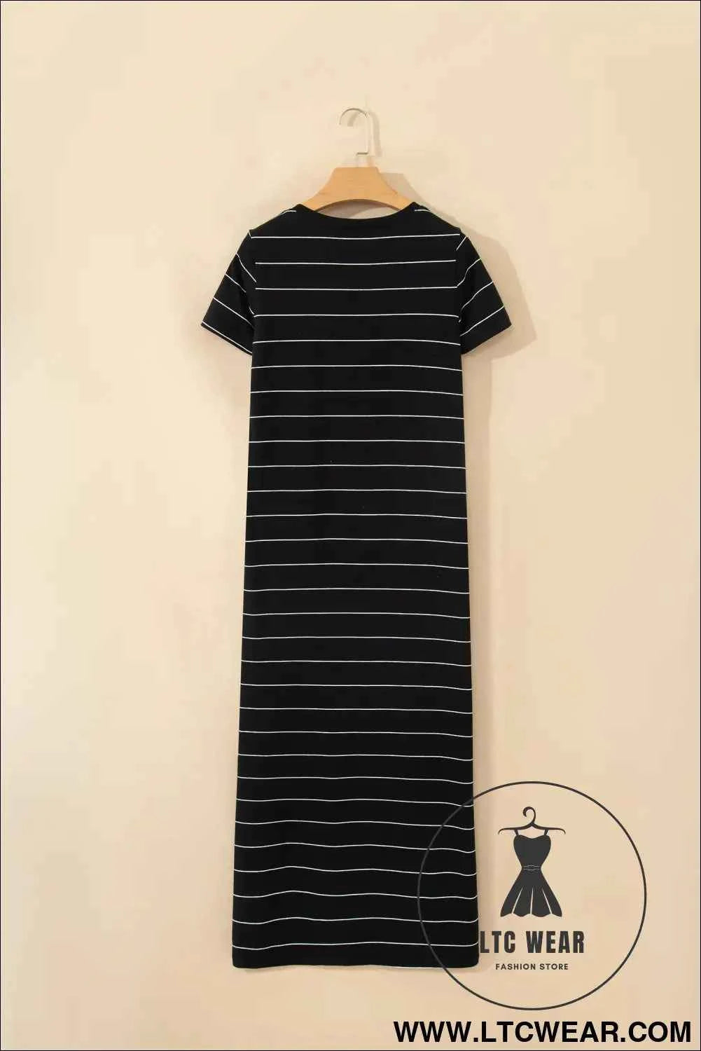 Beige and White Striped Short Sleeve Side Slit T Shirt Dress