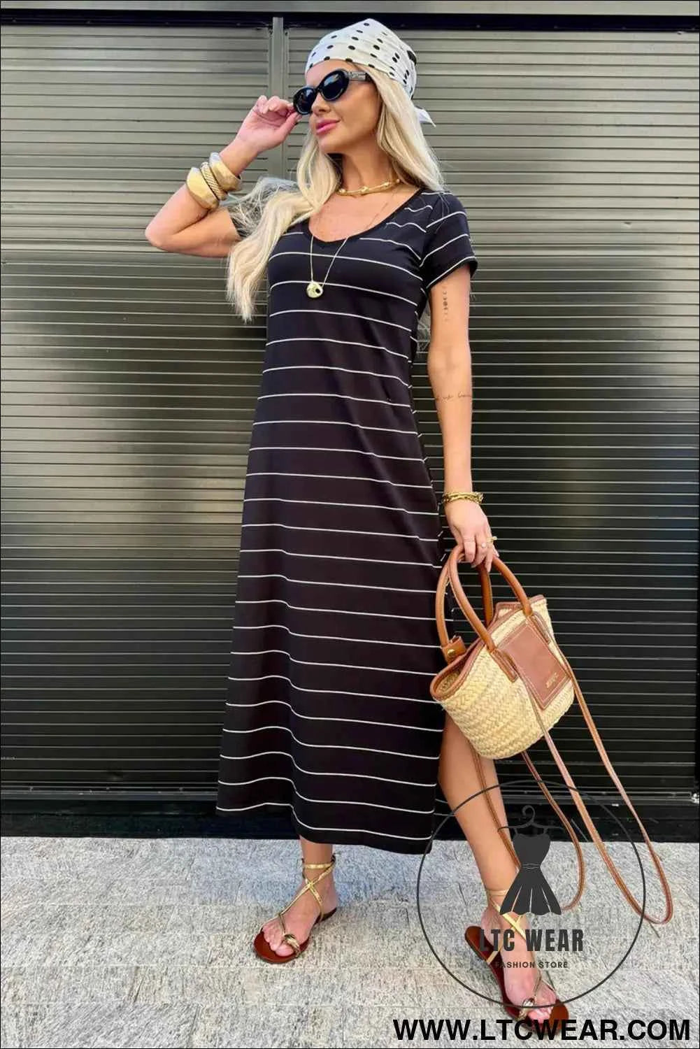 Beige and White Striped Short Sleeve Side Slit T Shirt Dress