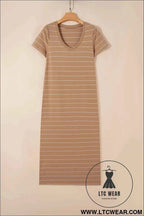 Beige and White Striped Short Sleeve Side Slit T Shirt Dress