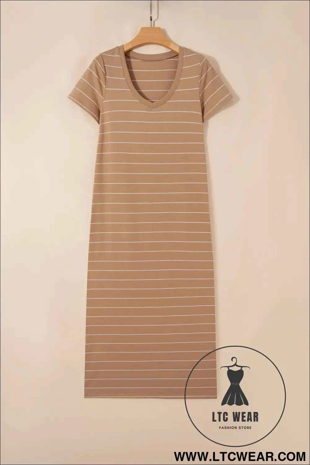 Beige and White Striped Short Sleeve Side Slit T Shirt Dress