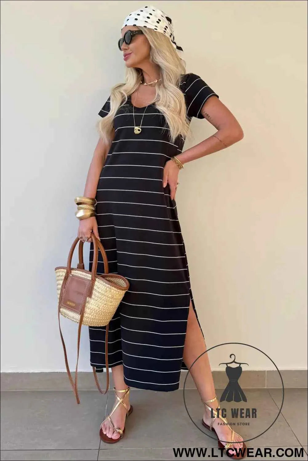 Beige and White Striped Short Sleeve Side Slit T Shirt Dress
