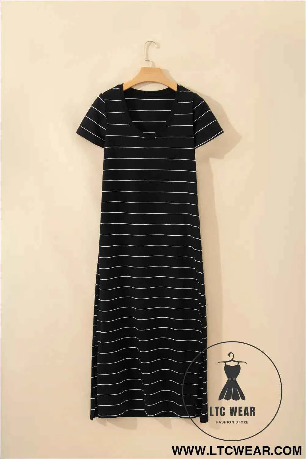 Beige and White Striped Short Sleeve Side Slit T Shirt Dress